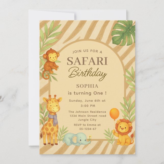 Convites Safari Jungle Animals First Birthday  (Frente)