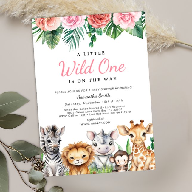 Convites Safari Jungle Baby Girl Chá Tropical (Fun Safari Themed Baby Shower Invite)