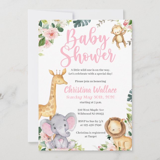 Convites Safari Jungle Baby Shower Invitations para Meninas (Frente)