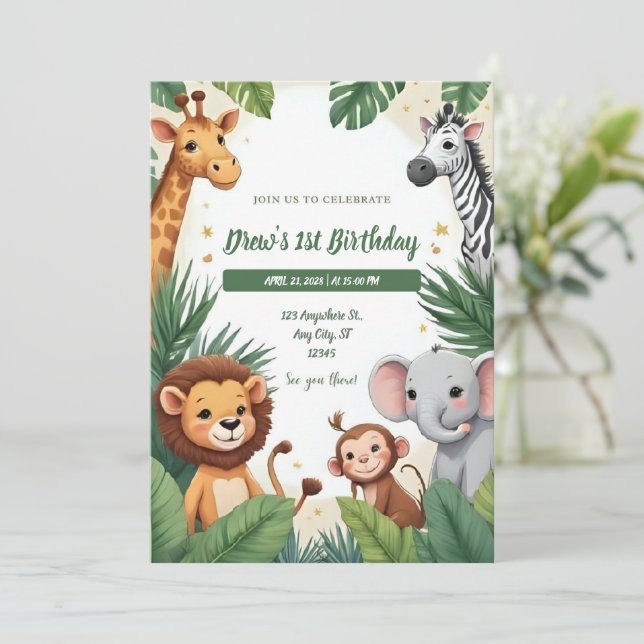 Convites Safari Jungle Birthday Invitation (Em pé/Frente)