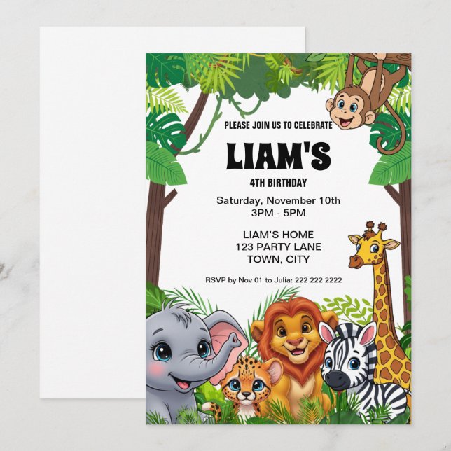 Convites Safari Jungle Birthday Invitation 5x7 (Frente/Verso)