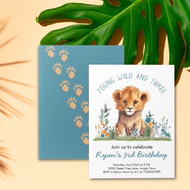 Convites Safari Jungle Festas de aniversário Boys (Safari Jungle Baby Lion Orange Blue Flowers Animal Foot Print Young Wild Three Birthday Invitation)