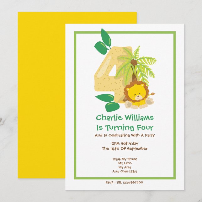 Convites Safari Lion Quarta Festa de aniversário (Frente/Verso)
