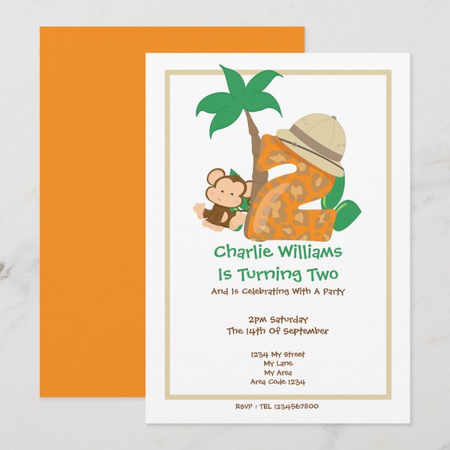 Convites Safari Monkey Segunda Festa de aniversário (Frente/Verso)