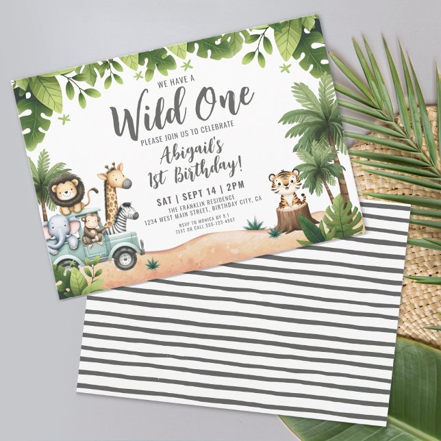 Convites Safari na Selva Horizontal Fera Selvagem 1º Aniver (Jungle Safari Horizontal Wild One 1st Birthday Invitation)