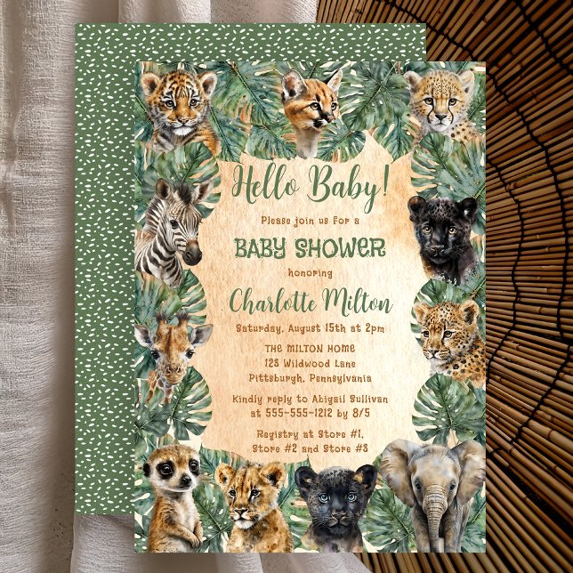Convites Safari Selgle Selgle Animal Olá Chá de fraldas (Safari Jungle Wild Animals Hello Baby Shower Invitation -- Print | Digital Download)
