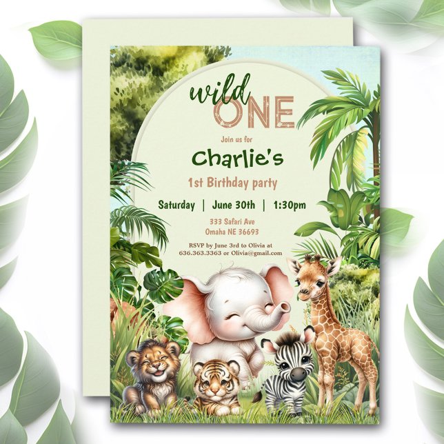 Convites Safari Selva Animais Selvagens Selvagens Um primei (Safari Jungle Cute Animals Wild One 1st Birthday Invitation)