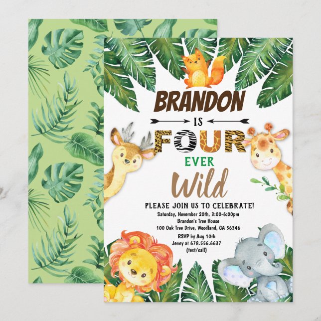 Convites Safari Selva Quatro Animais Selvagens Selvagens (Frente/Verso)