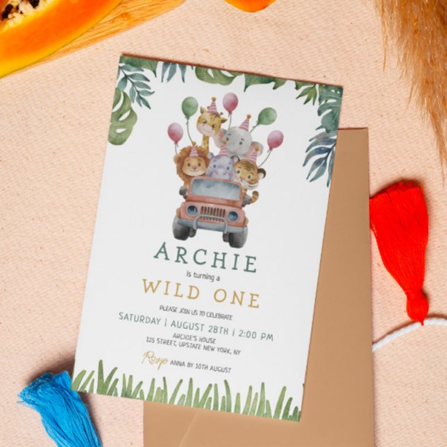 Convites Safari Selvagens de Um primeiro aniversario (1st Birthday Safari Zoo Animals Jungle invitation template party animals watercolor cute kids)