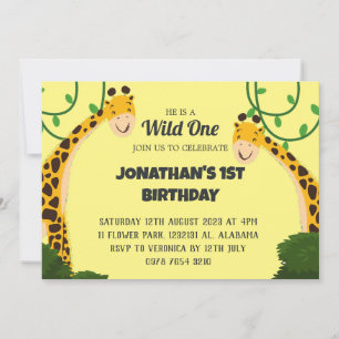 Convites Safari Wild one Giraffe Simples Primeiro Aniversár
