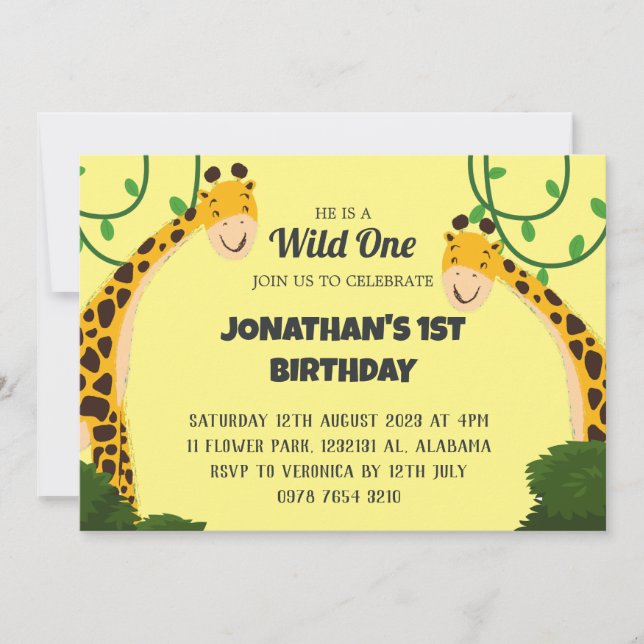 Convites Safari Wild one Giraffe Simples Primeiro Aniversár (Frente)