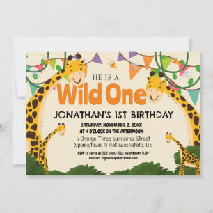 Convites Safari Wild one Giraffe Simples Primeiro Aniversár