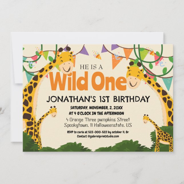 Convites Safari Wild one Giraffe Simples Primeiro Aniversár (Frente)
