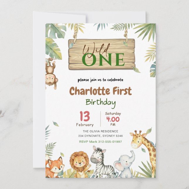 Convites Safari Wild One | Jungle Animal Babys 1st Birthday (Frente)