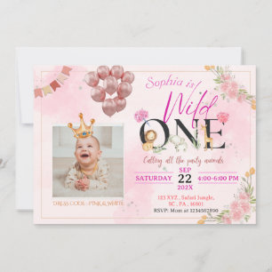 Convites Safari Wild ONE Pink Floral Para Rapariga Aniversá