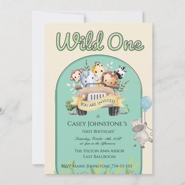 Convites Safari Wild One Watercolor 1st Birthday (Frente)