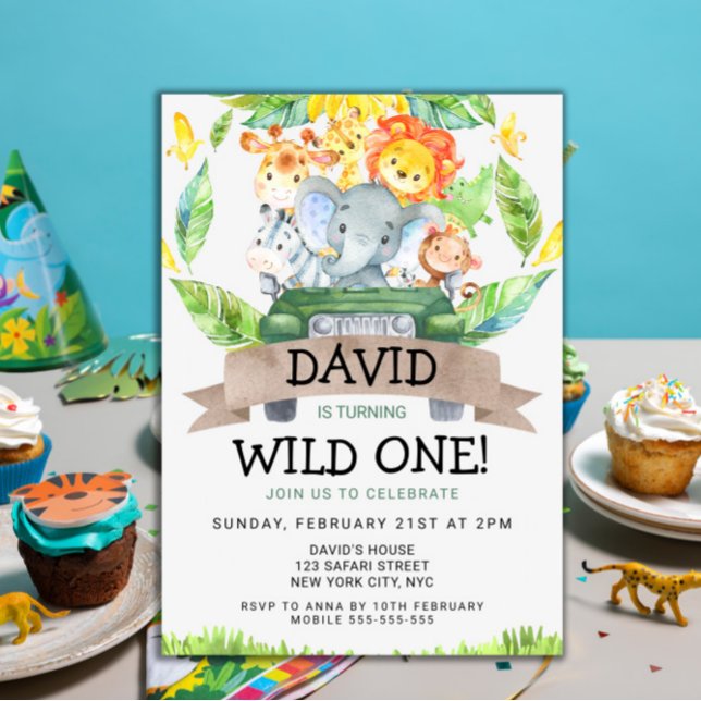 Convites Safari Wild Um Partido primeiro aniversario (Wild One Birthday Party 1st Birthday Safari Animals Jungle themed party for boys template cute)