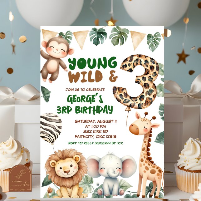 Convites Safari Young wild and three birthday (Criador carregado)