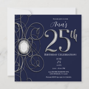 Convites Safira Azul & Diamante Prata 25 Aniversário de 25