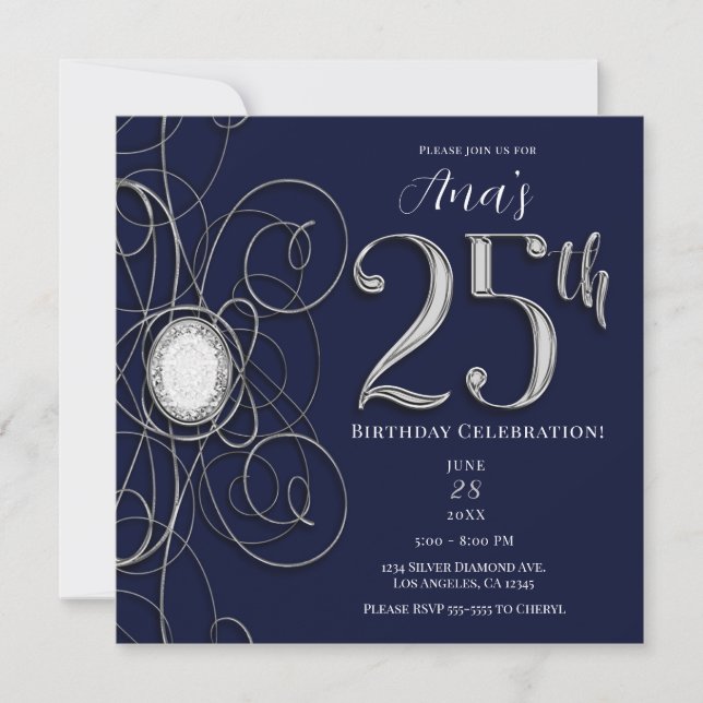 Convites Safira Azul e Diamante de Prata 25 Aniversário de  (Frente)