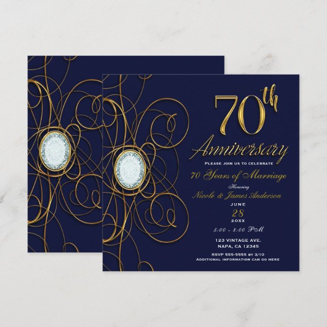 Convites Safira Azul e Diamante Dourado 70 70º Aniversário (Frente/Verso)
