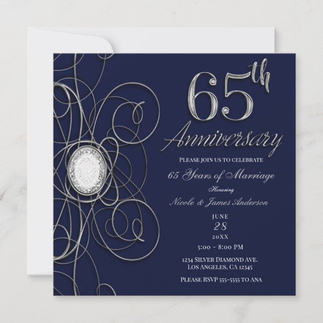Convites Safira Azul e Diamante Prata 65 65º Aniversário (Frente)