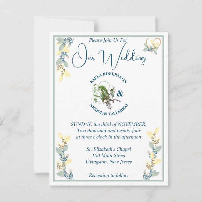 Convites Sage, Amarelo e Casamento Floral Branco (Frente)