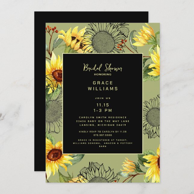 Convites Sage & Black Watercolor Chá de panela (Frente/Verso)