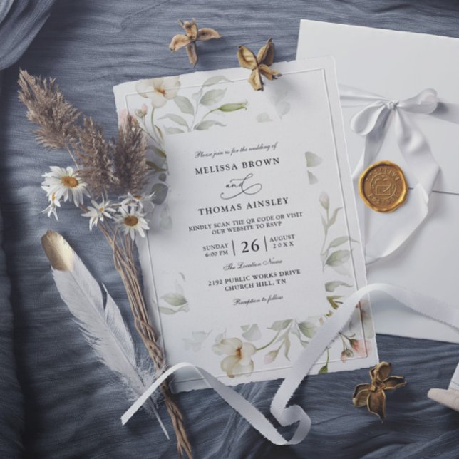 Convites Sage Blush Elegant Floral Budget QR Code Wedding (Criador carregado)