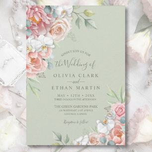 Convites Sage Blush Floral, Rosa, Convocação para Casamento