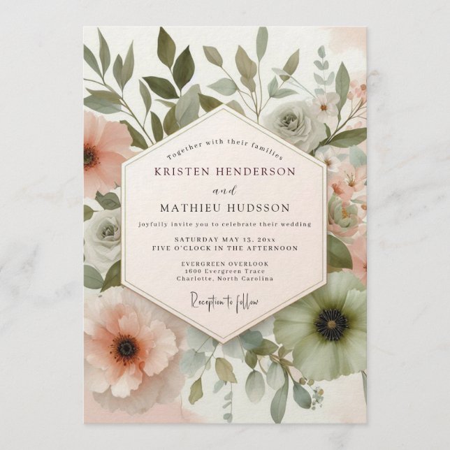 Convites Sage Blush Watercolor Flora Wedding (Frente)