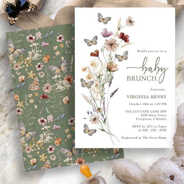 Convites Sage Boho Baby Brunch de Flores Silvestres (Sage Green Boho Wildflower Baby Brunch Invitation with Butterflies by Painted Paperie
)