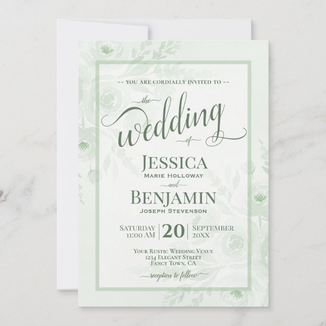 Convites Sage Boho Floral Aquarela Estilo Script Casamento (Frente)
