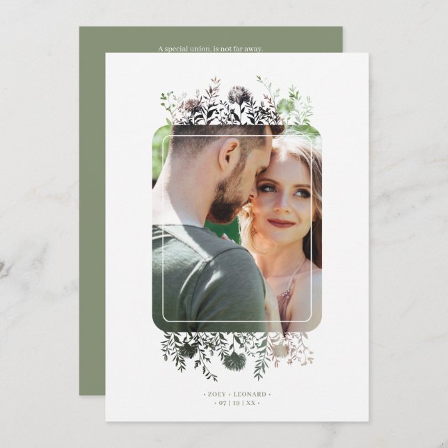 Convites Sage Botanical Elegant Wildflowers Photo Wedding (Frente/Verso)
