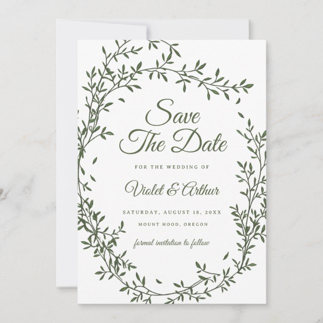 Convites Sage Botanical Wreath Weding The Date (Frente)
