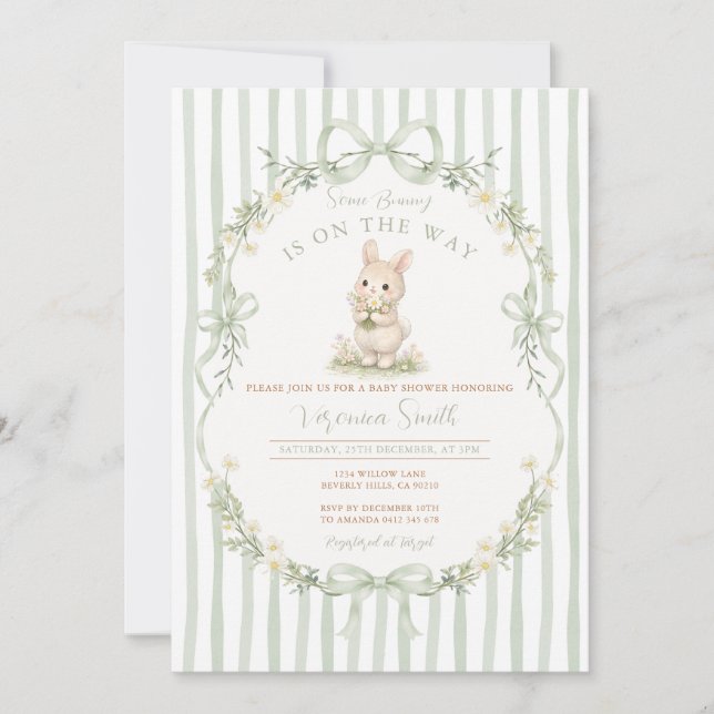 Convites Sage Bow Stripe Green Bunny Baby Shower Invitation (Frente)