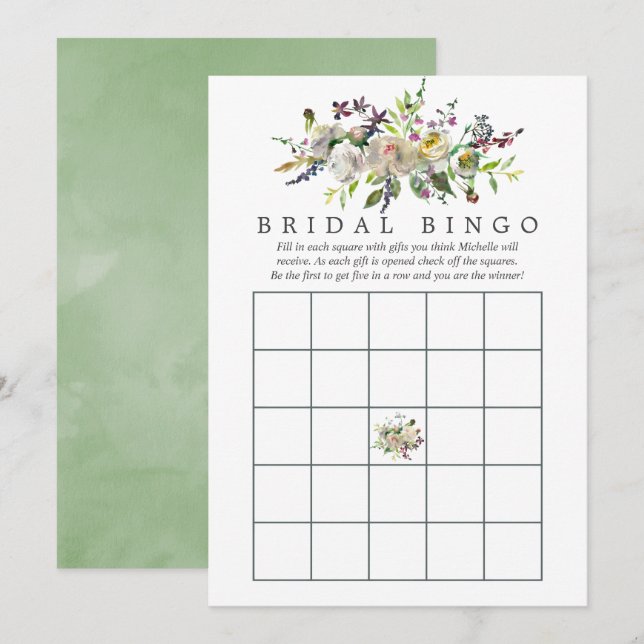 Convites Sage & Branco Bingo de Chá de Noiva com Flores em  (Frente/Verso)