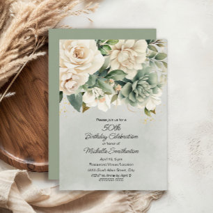 Convites Sage Branco Floral Dourado Aniversário de 50 anos