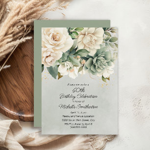 Convites Sage Branco Floral Dourado Aniversário de 60 anos