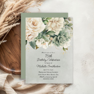Convites Sage Branco Floral Dourado Aniversário de 75 anos