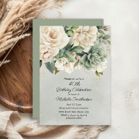 Sage Branco Verde Floral Dourado Aniversário de 40