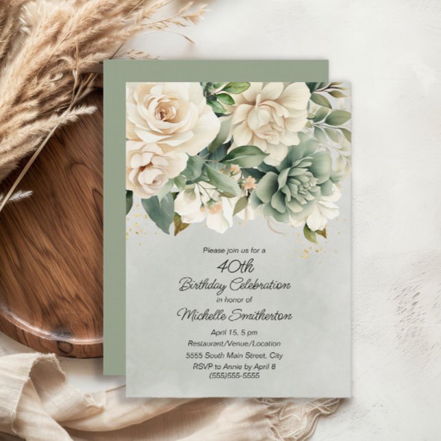 Convites Sage Branco Verde Floral Dourado Aniversário de 40 (White and sage green floral 40th birthday party invitation)