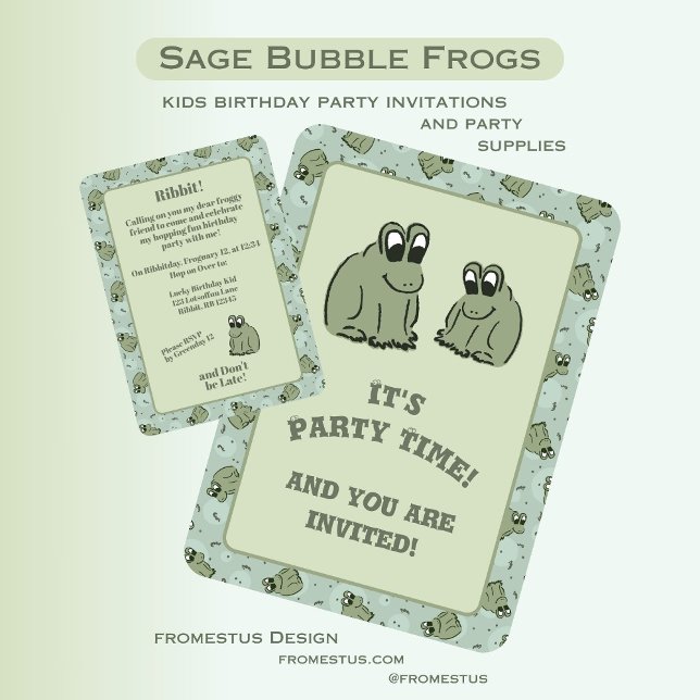 Convites Sage Bubble Frogs - fun kids birthday party. (Criador carregado)