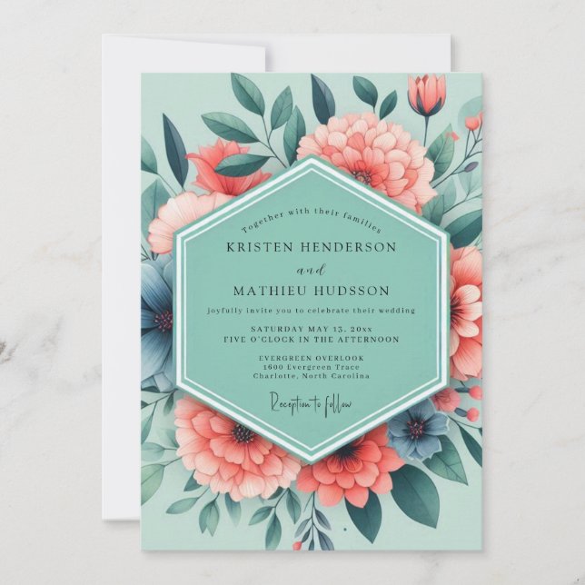 Convites Sage Coral Vivid Bloom Wedding (Frente)