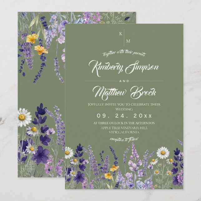 Convites Sage de Flor Silvestre & Lavanda Casamento Rústico (Frente/Verso)