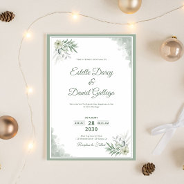 Convites Sage e Branco Casamento Floral em Aquarela