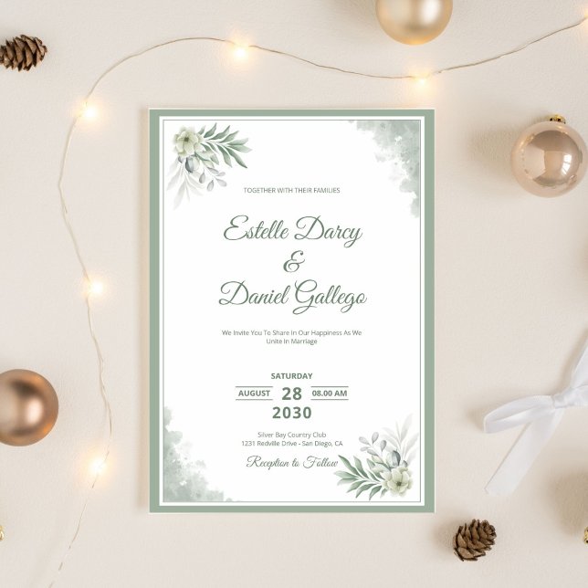 Convites Sage e Branco Casamento Floral em Aquarela (Criador carregado)