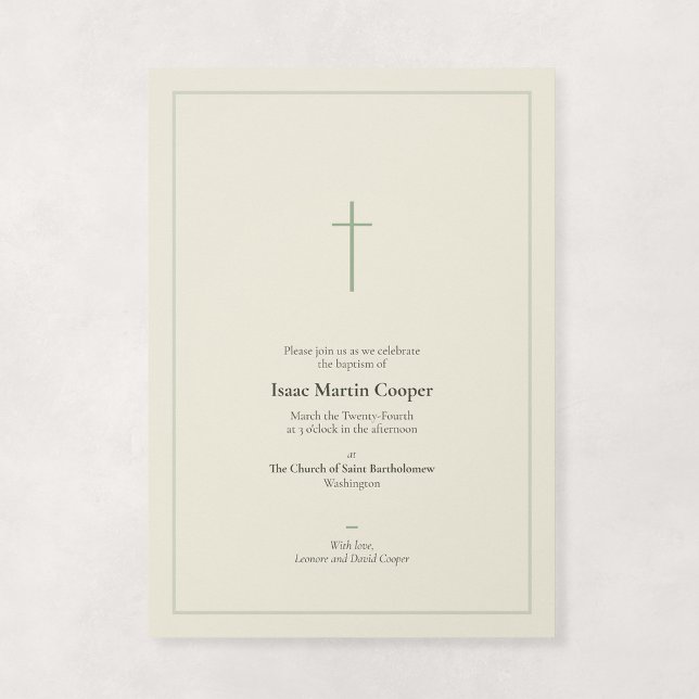 Convites Sage e Creme Cruz Mínima Religiosa Batismo (Grace - Minimal Cross Baptism Invitation in Sage)