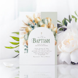 Convites Sage e Dourado Arco Boho Eucalyptus Baptism