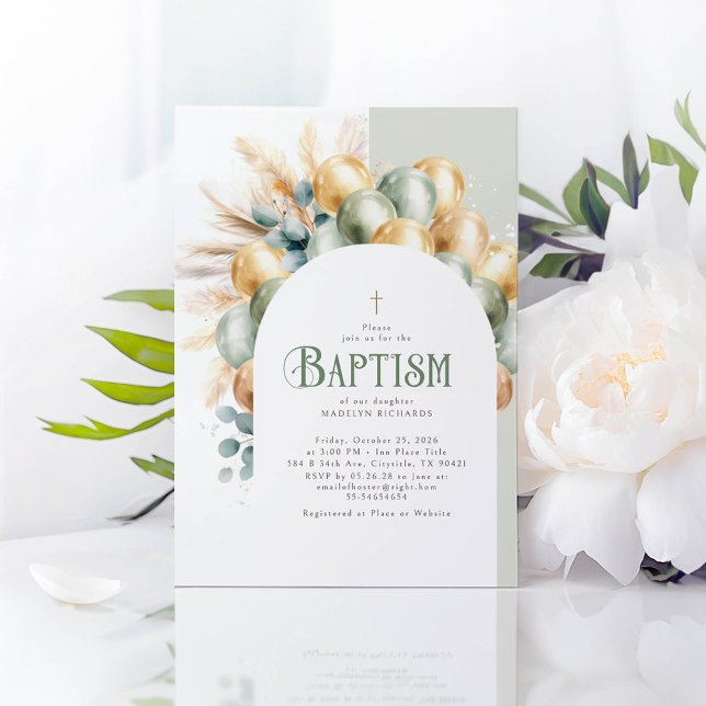 Convites Sage e Dourado Arco Boho Eucalyptus Baptism (Gold and Green Balloons Elegant Baptism Invitations)